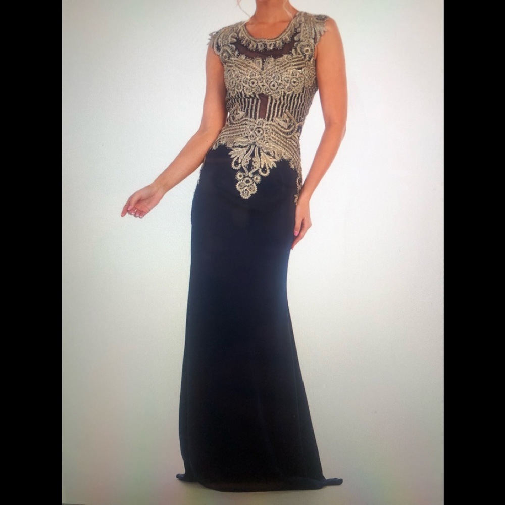 Navy Ornate Back Beaded Gown with Long Cascading Hemline (New!) NWT
